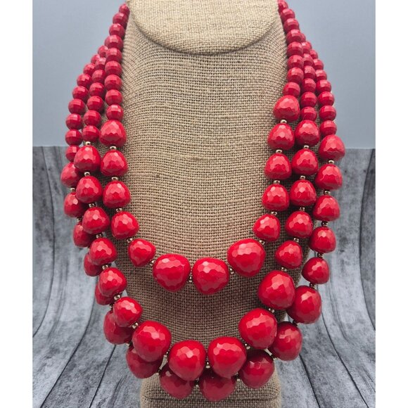 Red Graduated Faceted Bead Collar Multi Strand Necklace & Matching Drop Earrings - Picture 6 of 10